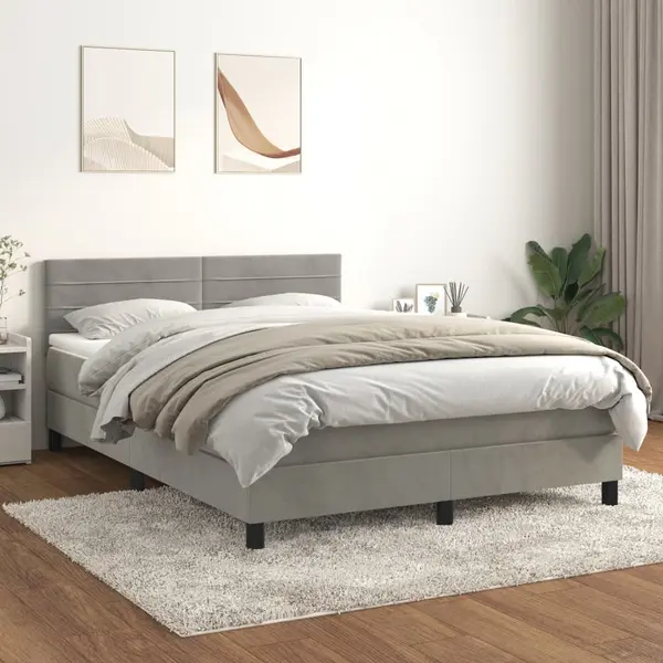 Gossi pat box spring cu saltea, gri deschis, 140x200 cm, catifea