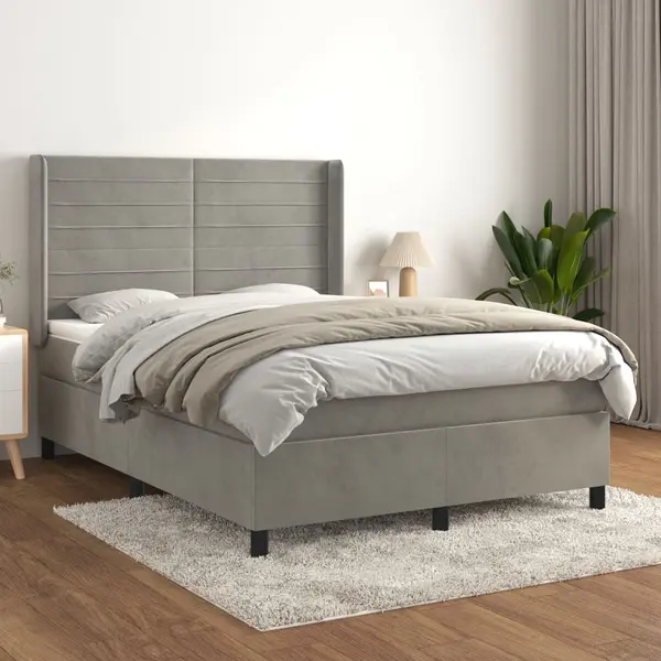 Gossi pat box spring cu saltea, gri deschis, 140x200 cm, catifea