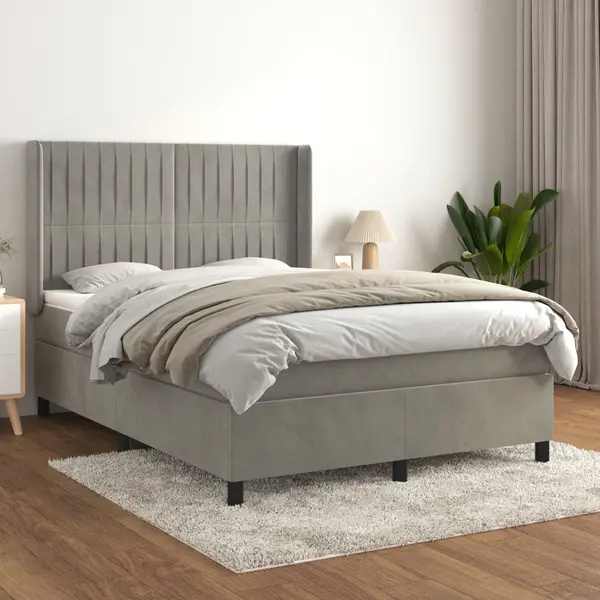 Gossi pat box spring cu saltea, gri deschis, 140x200 cm, catifea
