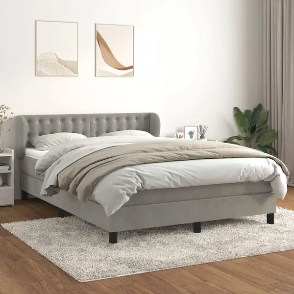 Gossi pat box spring cu saltea, gri deschis, 140x200 cm, catifea