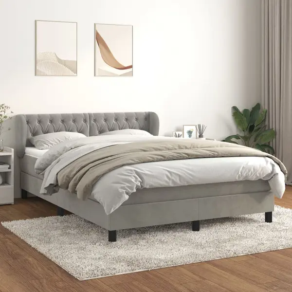 Gossi pat box spring cu saltea, gri deschis, 140x200 cm, catifea
