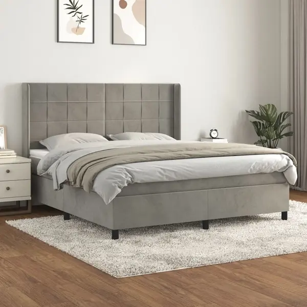 Gossi pat box spring cu saltea, gri deschis, 160x200 cm, catifea