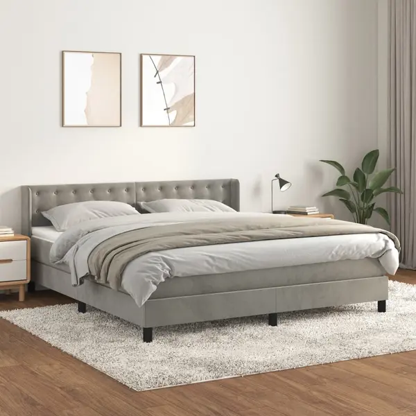 Gossi pat box spring cu saltea, gri deschis, 160x200 cm, catifea