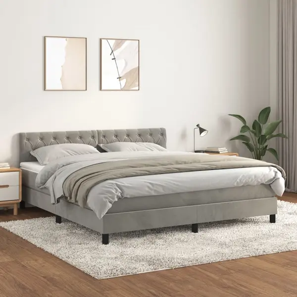Gossi pat box spring cu saltea, gri deschis, 160x200 cm, catifea