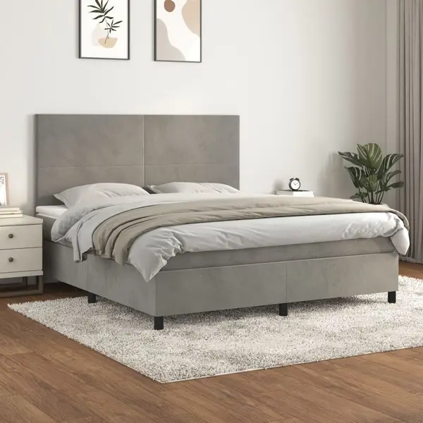 Gossi pat box spring cu saltea, gri deschis, 160x200 cm, catifea