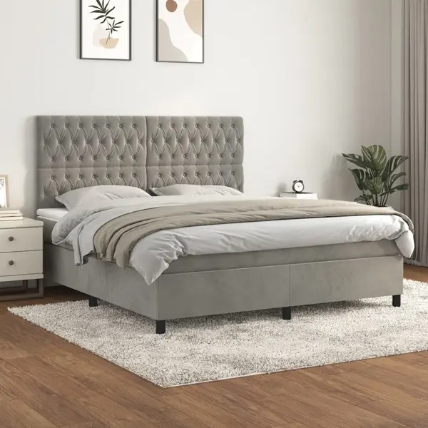 Gossi pat box spring cu saltea, gri deschis, 180x200 cm, catifea