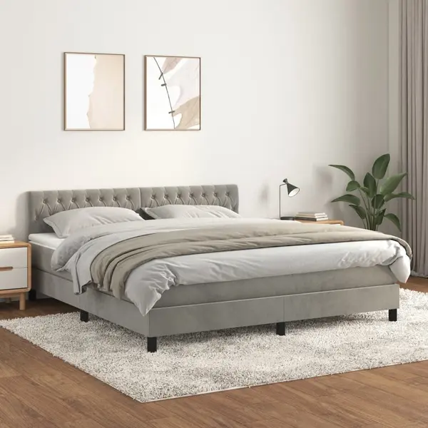 Gossi pat box spring cu saltea, gri deschis, 180x200 cm, catifea