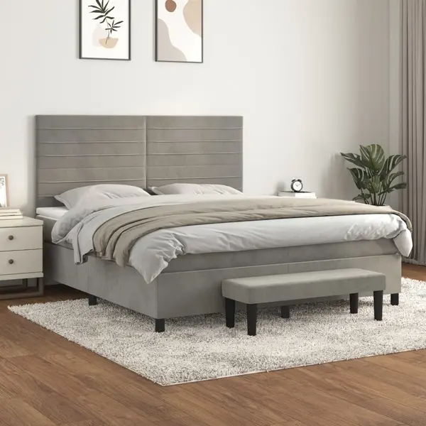 Gossi pat box spring cu saltea, gri deschis, 180x200 cm, catifea