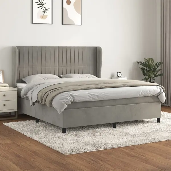 Gossi pat box spring cu saltea, gri deschis, 180x200 cm, catifea