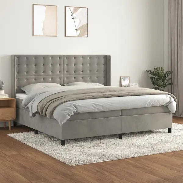Gossi pat box spring cu saltea, gri deschis, 200x200 cm, catifea