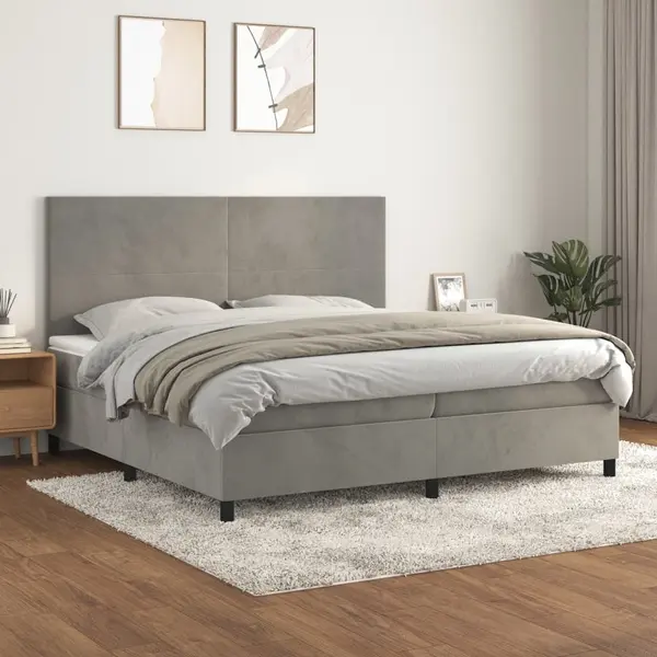 Gossi pat box spring cu saltea, gri deschis, 200x200 cm, catifea