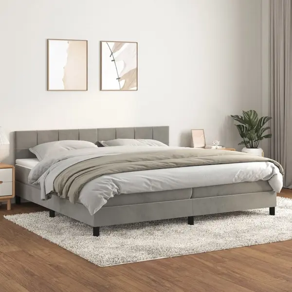 Gossi pat box spring cu saltea, gri deschis, 200x200 cm, catifea