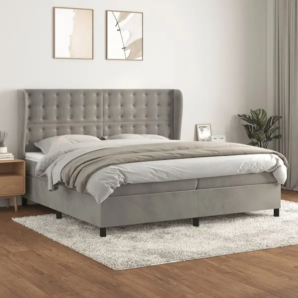 Gossi pat box spring cu saltea, gri deschis, 200x200 cm, catifea