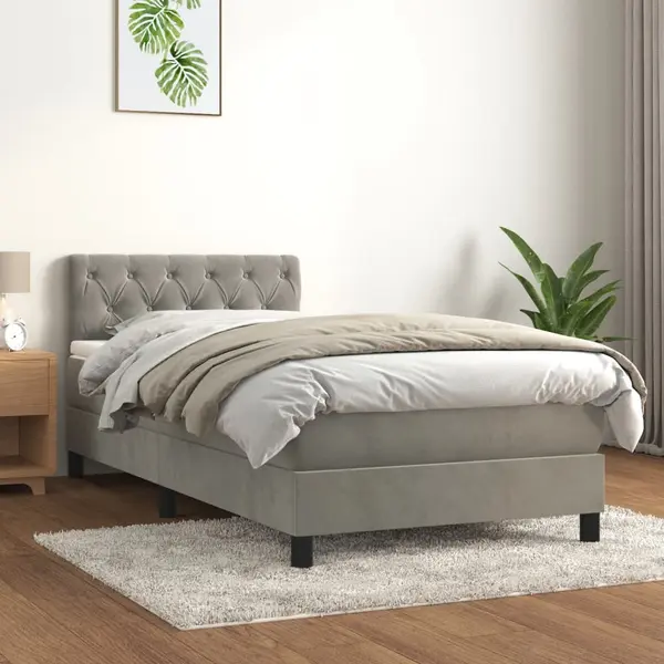 Gossi pat box spring cu saltea, gri deschis, 80x200 cm, catifea