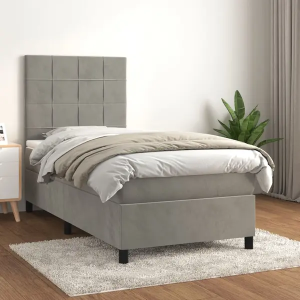 Gossi pat box spring cu saltea, gri deschis, 80x200 cm, catifea