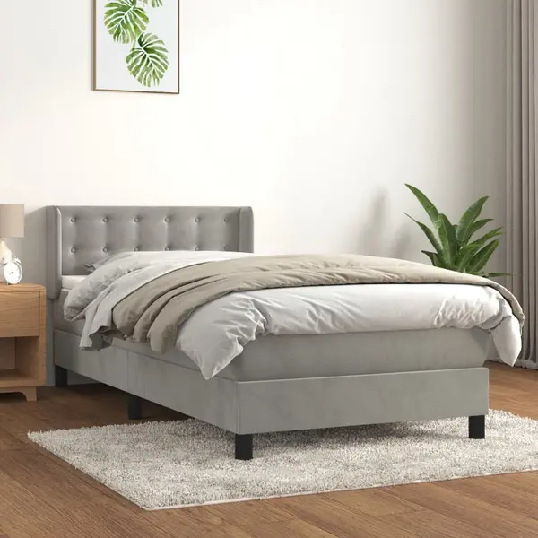 Gossi pat box spring cu saltea, gri deschis, 90x190 cm, catifea