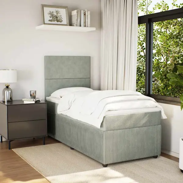 Gossi pat box spring cu saltea, gri deschis, 90x190 cm, catifea