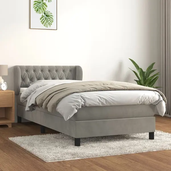 Gossi pat box spring cu saltea, gri deschis, 90x190 cm, catifea