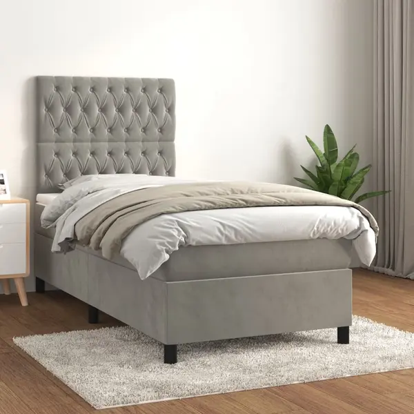 Gossi pat box spring cu saltea, gri deschis, 90x190 cm, catifea