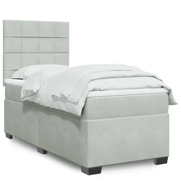 Gossi pat box spring cu saltea, gri deschis, 90x190 cm, catifea
