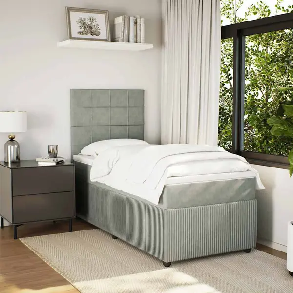 Gossi pat box spring cu saltea, gri deschis, 90x190 cm, catifea