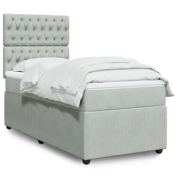 Gossi pat box spring cu saltea, gri deschis, 90x190 cm, catifea