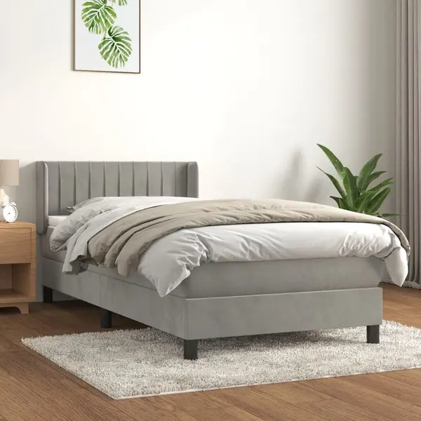 Gossi pat box spring cu saltea, gri deschis, 90x190 cm, catifea