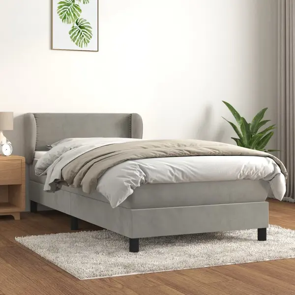 Gossi pat box spring cu saltea, gri deschis, 90x190 cm, catifea