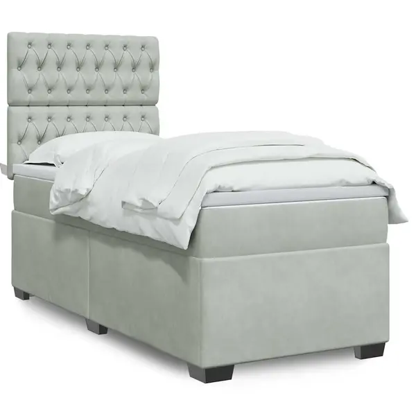 Gossi pat box spring cu saltea, gri deschis, 90x190 cm, catifea