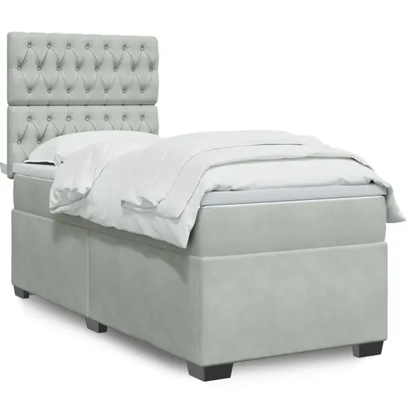 Gossi pat box spring cu saltea, gri deschis, 90x190 cm, catifea