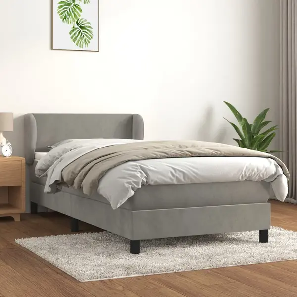 Gossi pat box spring cu saltea, gri deschis, 90x190 cm, catifea