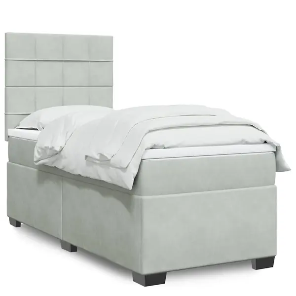 Gossi pat box spring cu saltea, gri deschis, 90x190 cm, catifea
