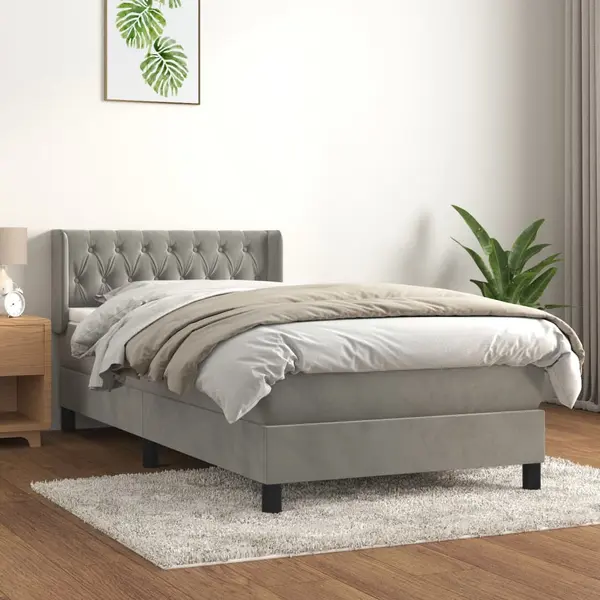 Gossi pat box spring cu saltea, gri deschis, 90x190 cm, catifea