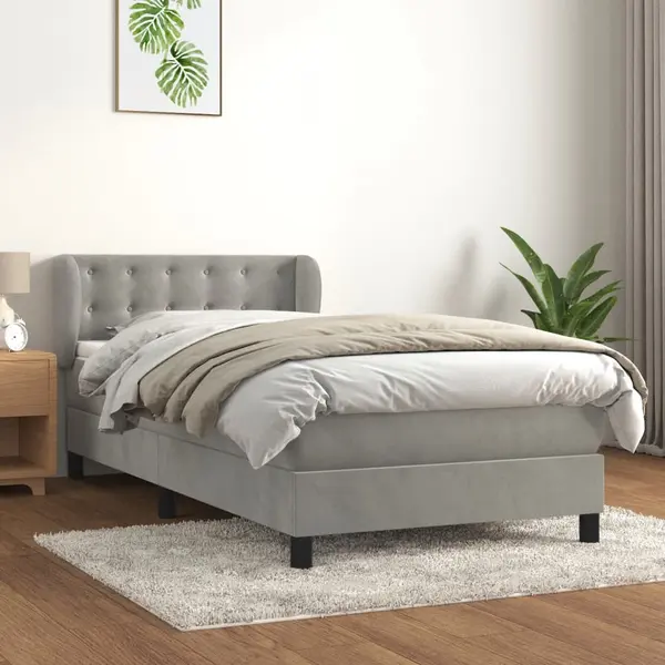 Gossi pat box spring cu saltea, gri deschis, 90x200 cm, catifea