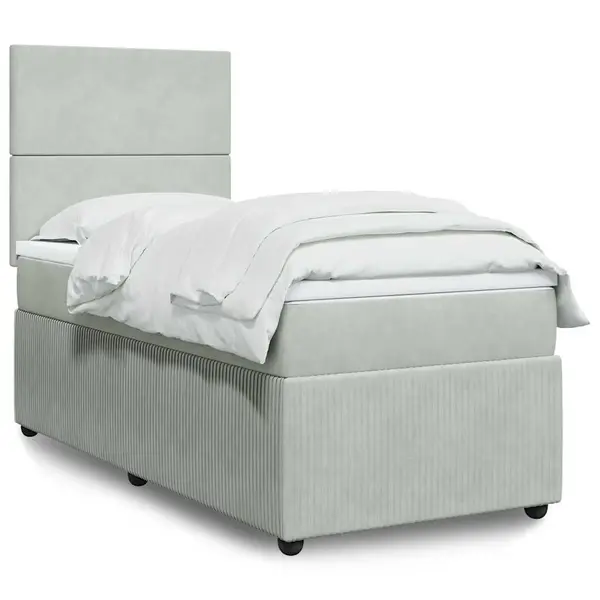Gossi pat box spring cu saltea, gri deschis, 90x200 cm, catifea