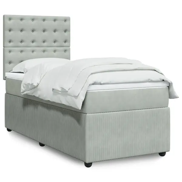 Gossi pat box spring cu saltea, gri deschis, 90x200 cm, catifea