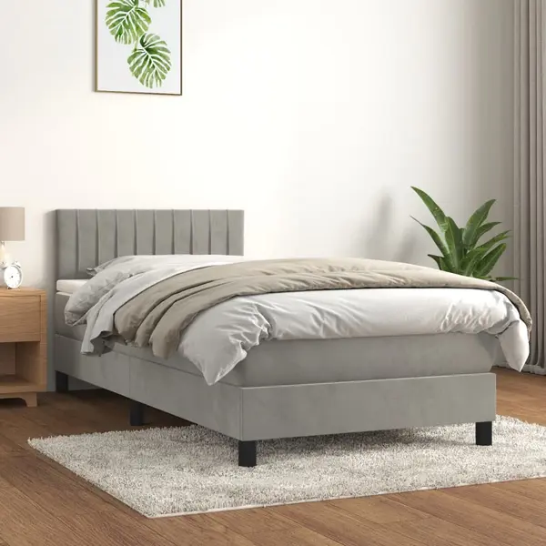 Gossi pat box spring cu saltea, gri deschis, 90x200 cm, catifea
