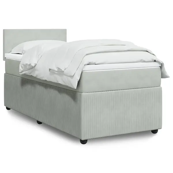 Gossi pat box spring cu saltea, gri deschis, 90x200 cm, catifea