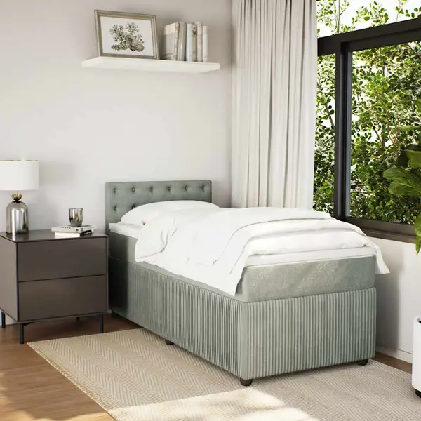 Gossi pat box spring cu saltea, gri deschis, 90x200 cm, catifea