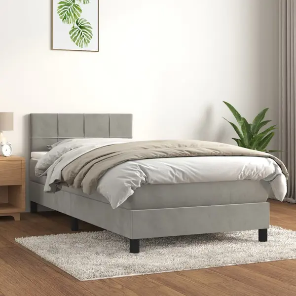 Gossi pat box spring cu saltea, gri deschis, 90x200 cm, catifea