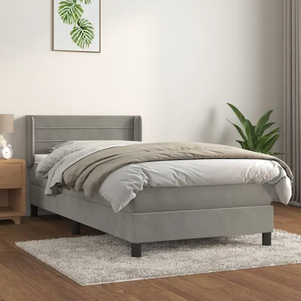 Gossi pat box spring cu saltea, gri deschis, 90x200 cm, catifea