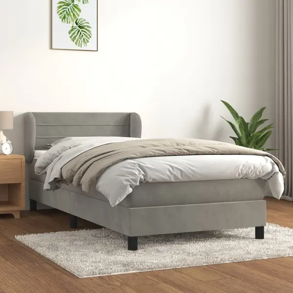 Gossi pat box spring cu saltea, gri deschis, 90x200 cm, catifea