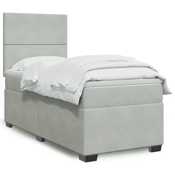Gossi pat box spring cu saltea, gri deschis, 90x200 cm, catifea