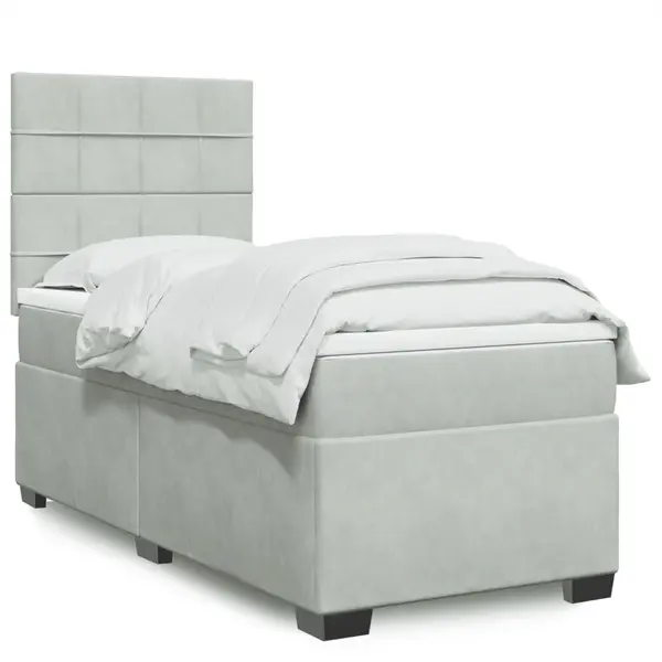 Gossi pat box spring cu saltea, gri deschis, 90x200 cm, catifea