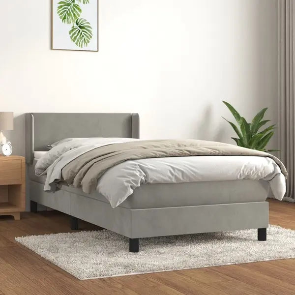 Gossi pat box spring cu saltea, gri deschis, 90x200 cm, catifea
