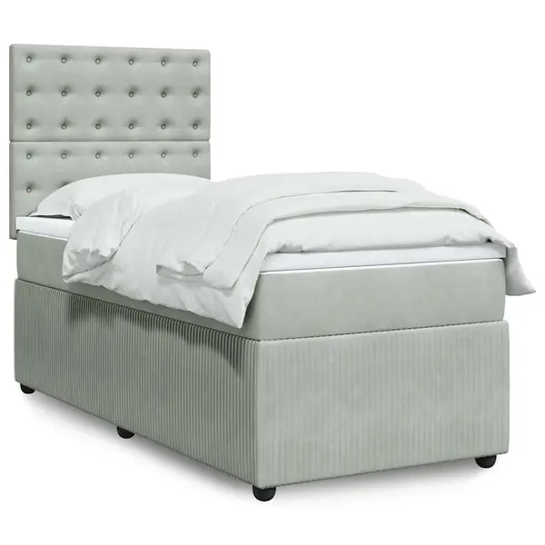 Gossi pat box spring cu saltea, gri deschis, 90x200 cm, catifea