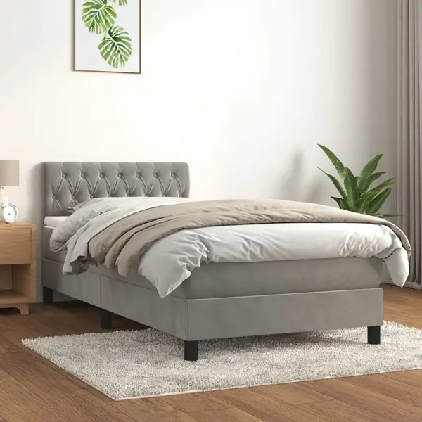 Gossi pat box spring cu saltea, gri deschis, 90x200 cm, catifea