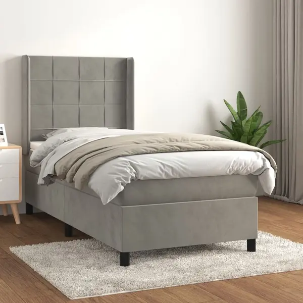 Gossi pat box spring cu saltea, gri deschis, 90x200 cm, catifea