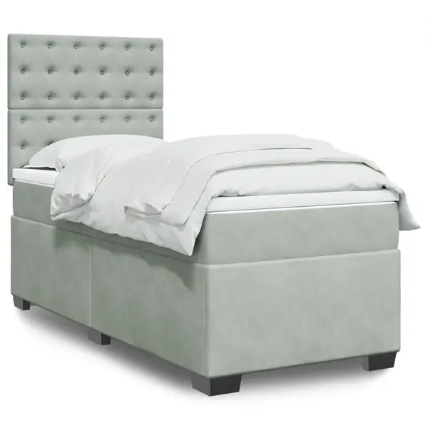 Gossi pat box spring cu saltea, gri deschis, 90x200 cm, catifea