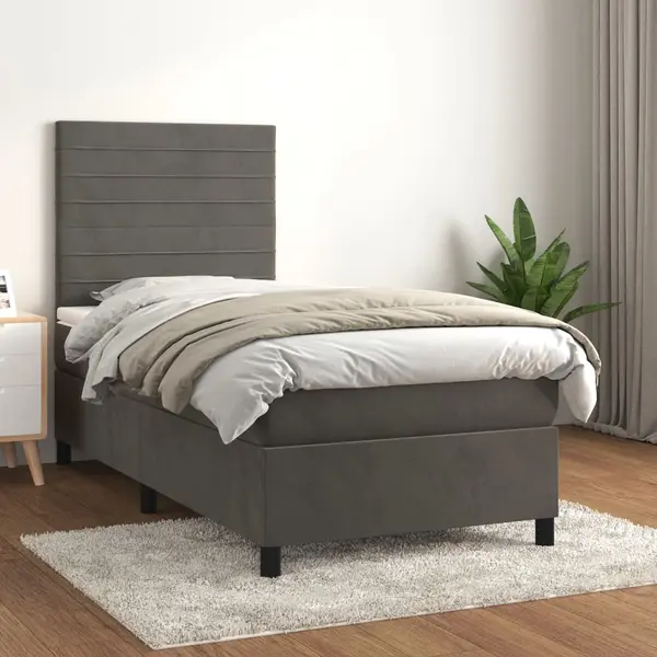 Gossi pat box spring cu saltea, gri inchis, 100x200 cm, catifea